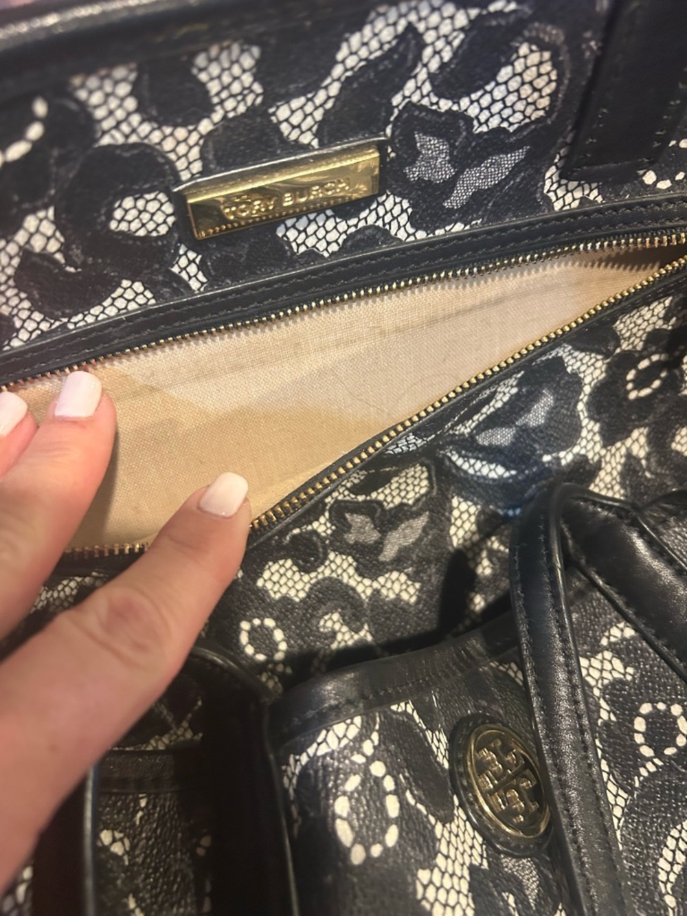 Tory Burch Black and Cream Lace-Overlay Tote - Picture 2 of 4
